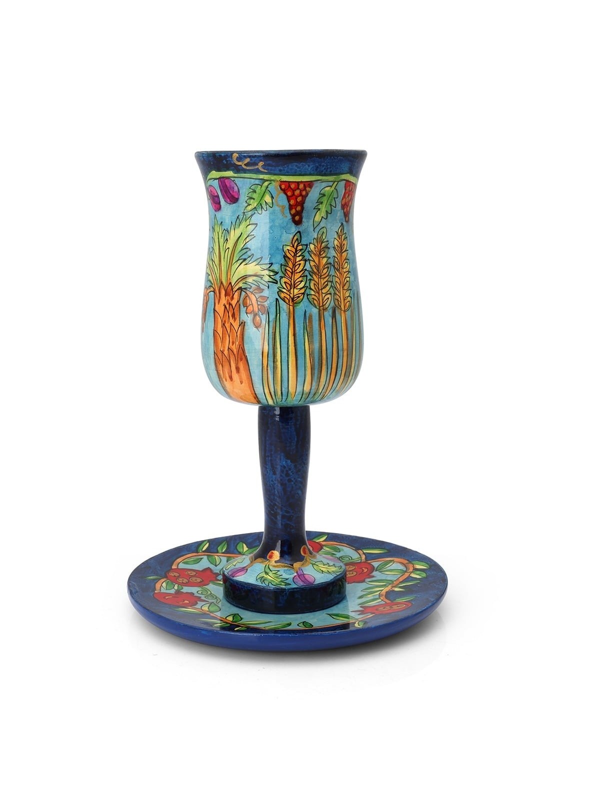 Yair Emanuel Large Stemmed Kiddush Cup and Saucer - Seven Species