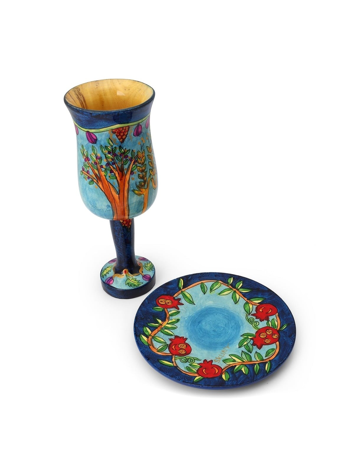 Yair Emanuel Large Stemmed Kiddush Cup and Saucer - Seven Species
