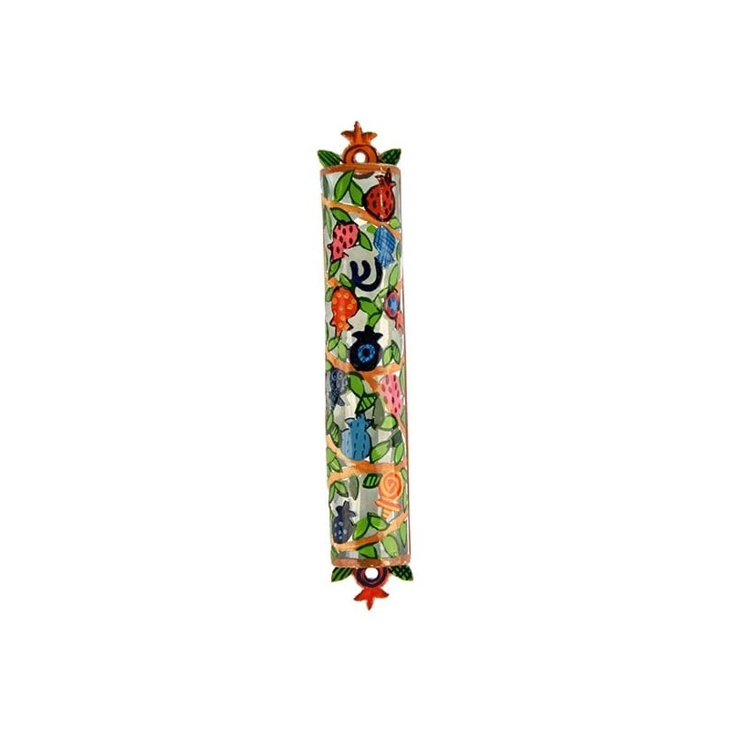 Yair Emanuel Laser Cut Hand Painted Metal Mezuzah - Pomegranate Branch