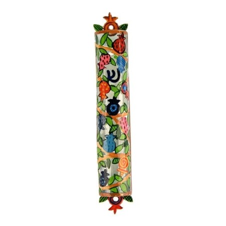 Yair Emanuel Laser Cut Hand Painted Metal Mezuzah - Pomegranate Branch