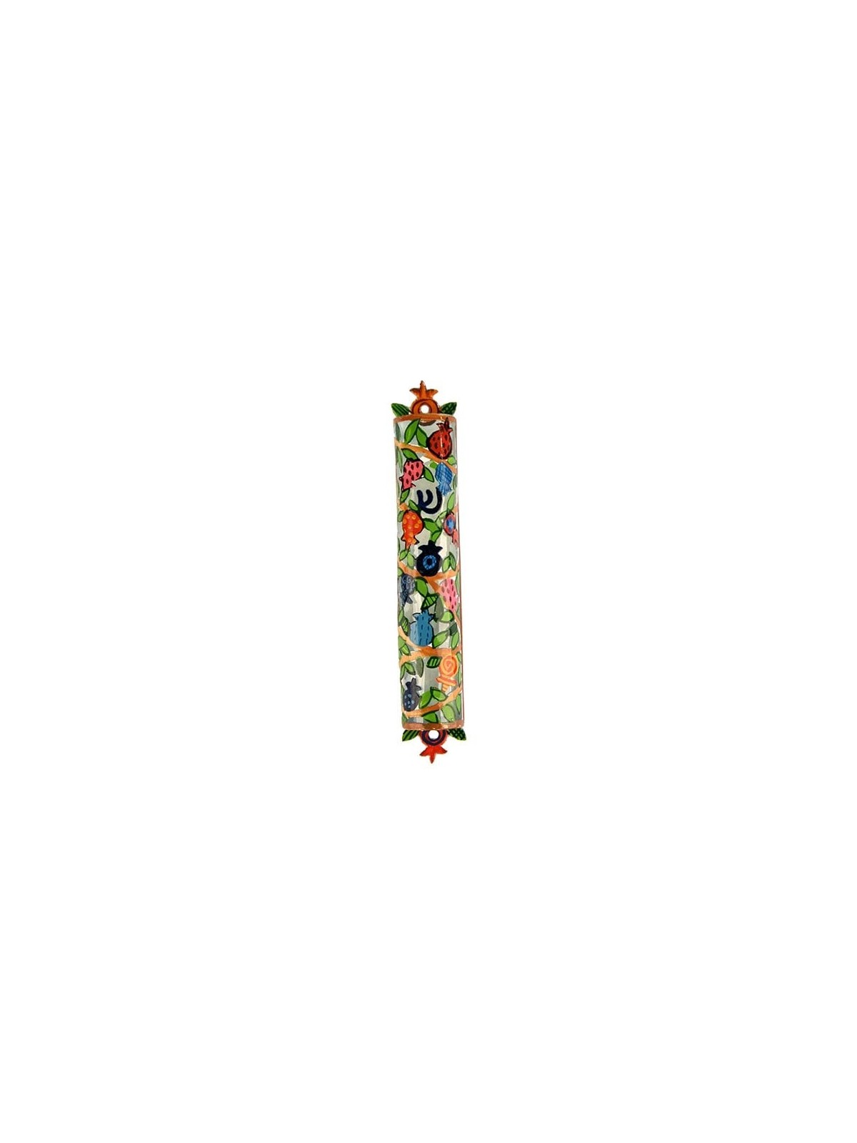 Yair Emanuel Laser Cut Hand Painted Metal Mezuzah - Pomegranate Branch