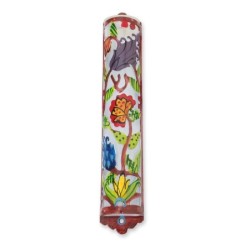 Yair Emanuel Laser Cut Hand Painted Metal Mezuzah - Flowers