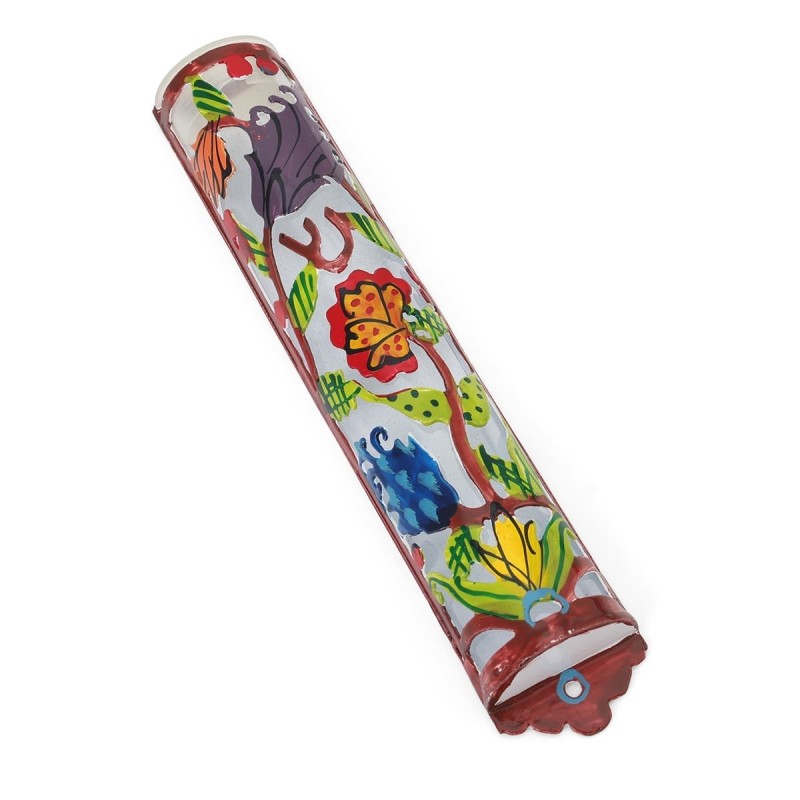 Yair Emanuel Laser Cut Hand Painted Metal Mezuzah - Flowers