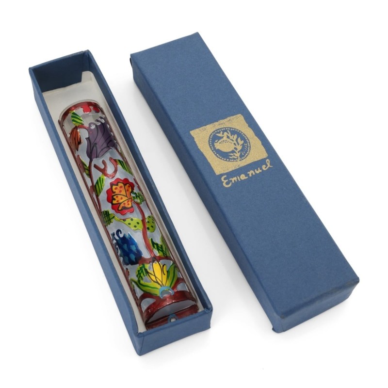 Yair Emanuel Laser Cut Hand Painted Metal Mezuzah - Flowers