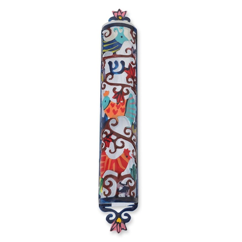 Yair Emanuel Laser Cut Hand Painted Metal Mezuzah - Birds
