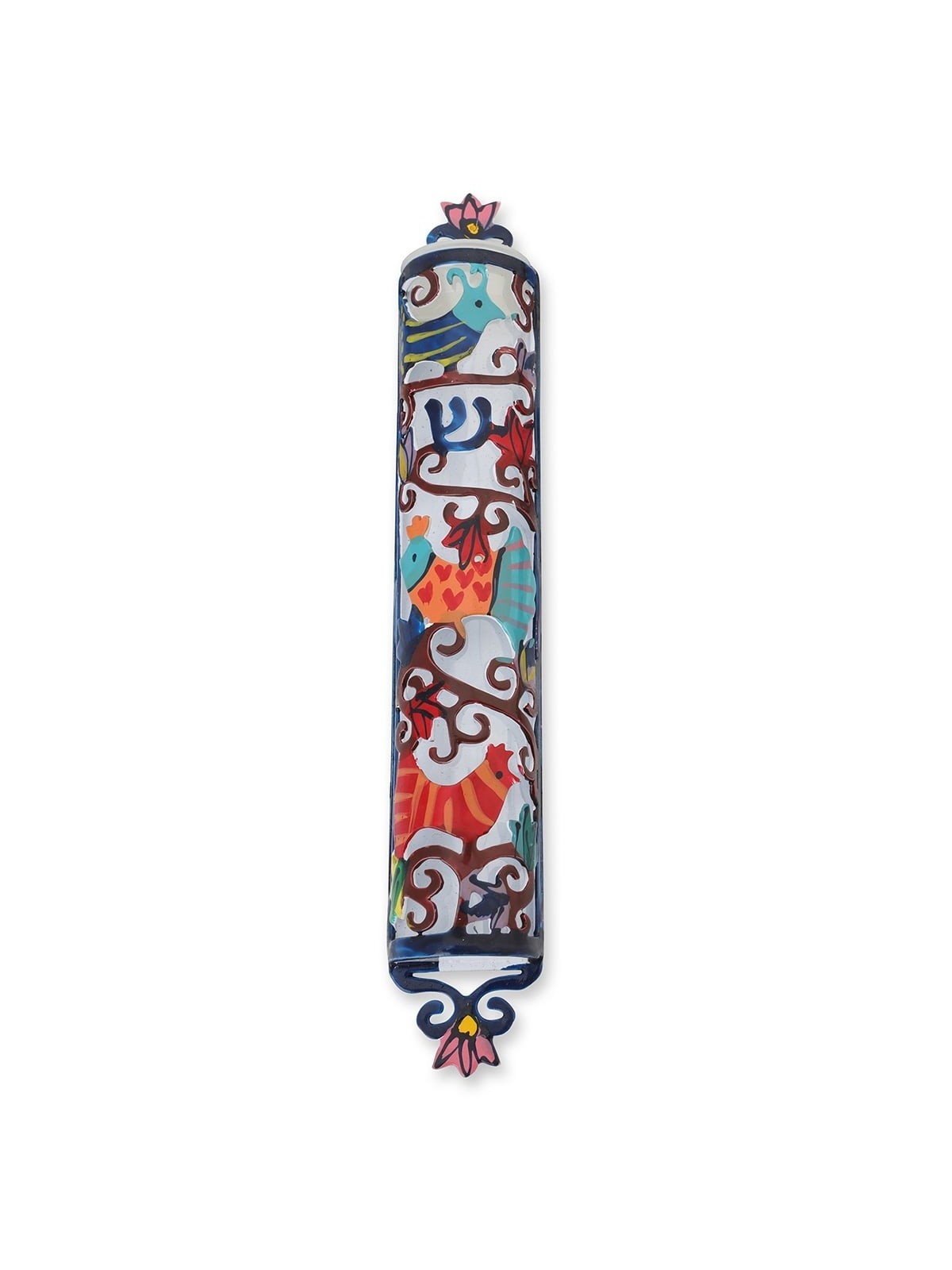 Yair Emanuel Laser Cut Hand Painted Metal Mezuzah - Birds