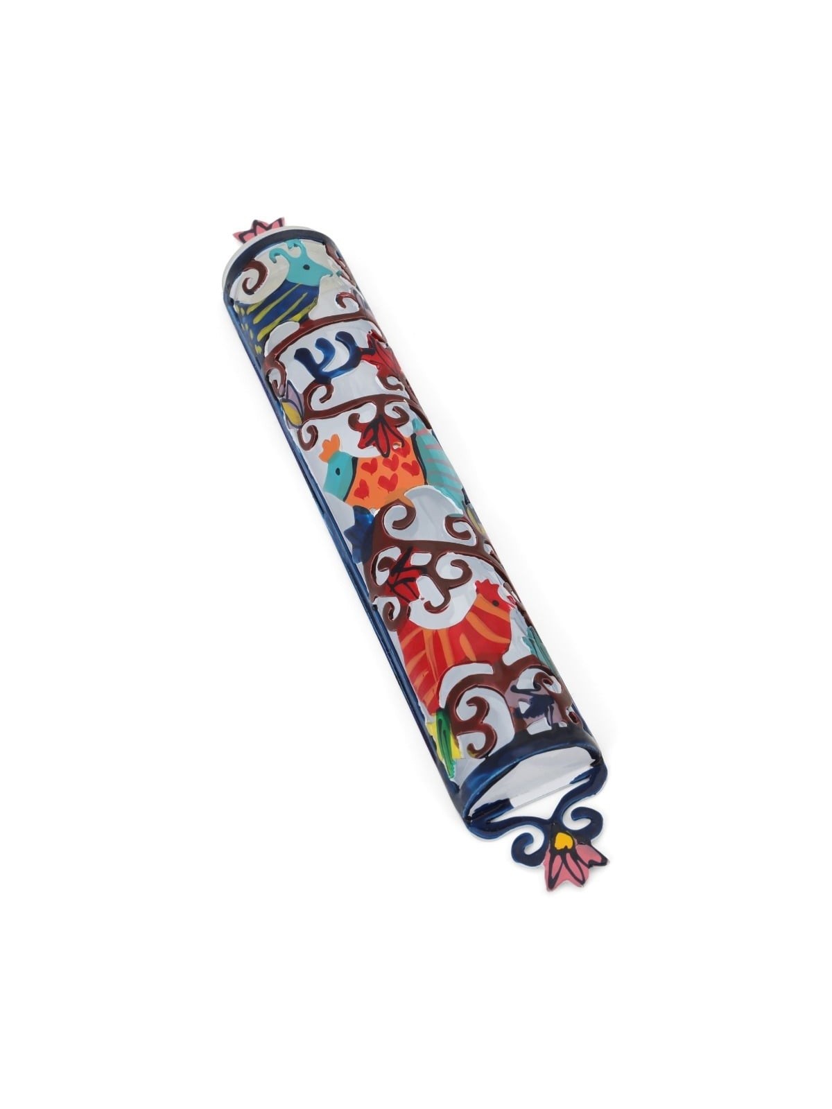 Yair Emanuel Laser Cut Hand Painted Metal Mezuzah - Birds