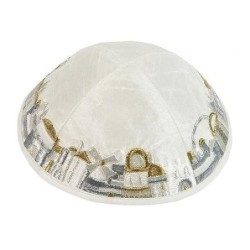 Yair Emanuel Embroidered Silk Kippah - Old Jerusalem (White)