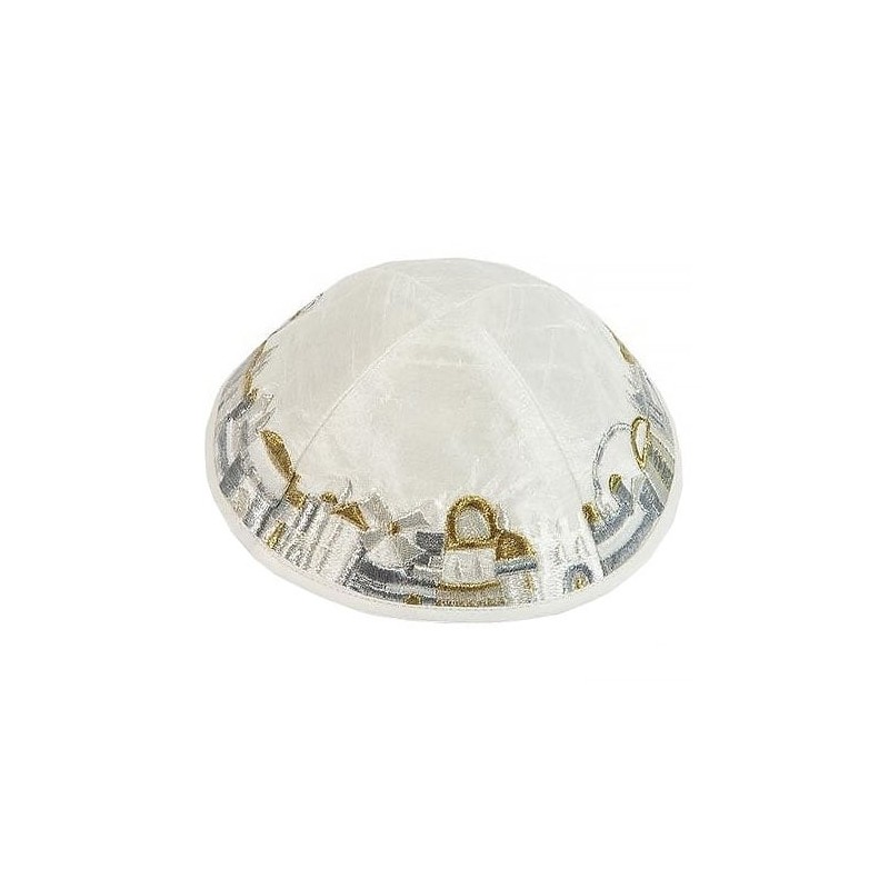 Yair Emanuel Embroidered Silk Kippah - Old Jerusalem (White)