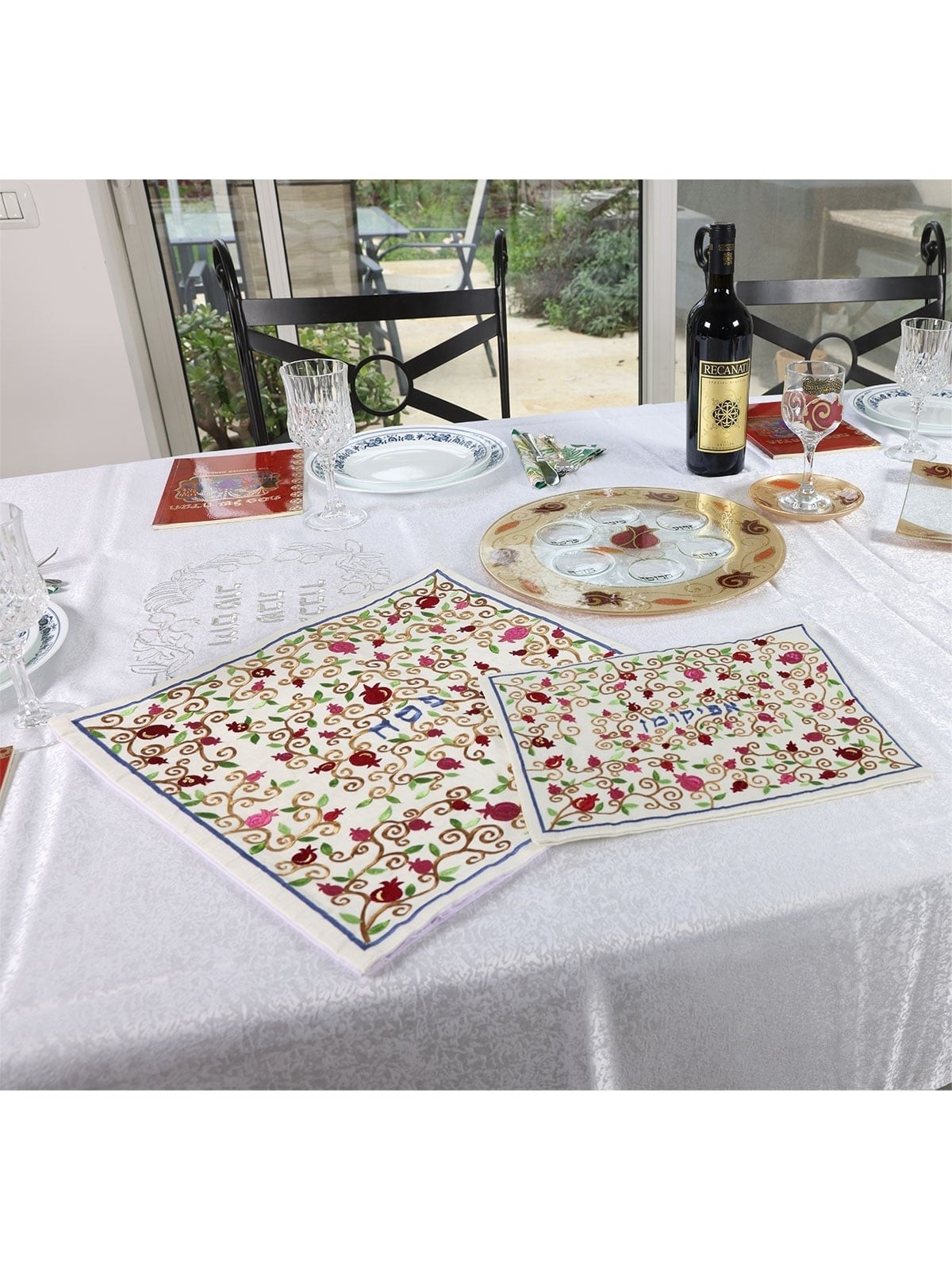 Yair Emanuel Embroidered Matzah Cover and Afikomen Bag - Pomegranate T