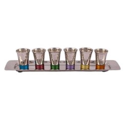 Yair Emanuel Textured Nickel Set of 6 Small Kiddush Cups with Tray (Si