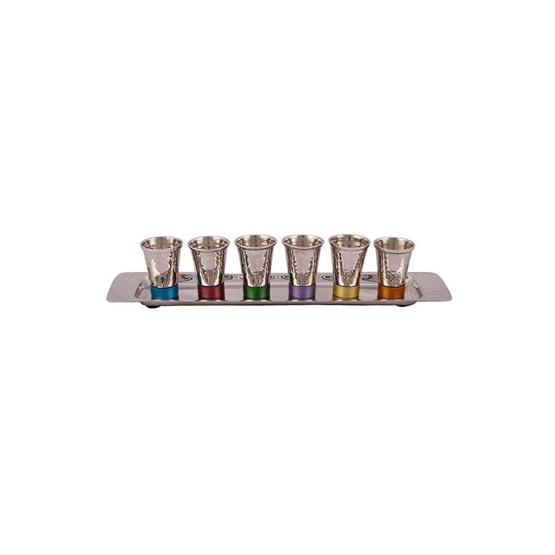 Yair Emanuel Textured Nickel Set of 6 Small Kiddush Cups with Tray (Si