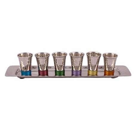 Yair Emanuel Textured Nickel Set of 6 Small Kiddush Cups with Tray (Si