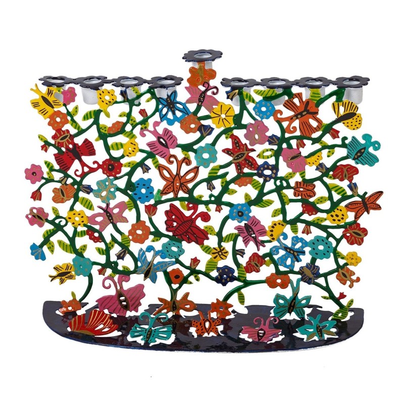 Yair Emanuel Butterflies and Flowers Hand-Painted Hanukkah Menorah