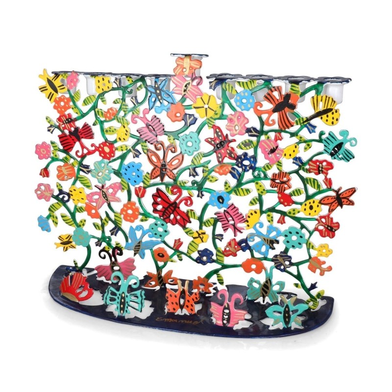 Yair Emanuel Butterflies and Flowers Hand-Painted Hanukkah Menorah