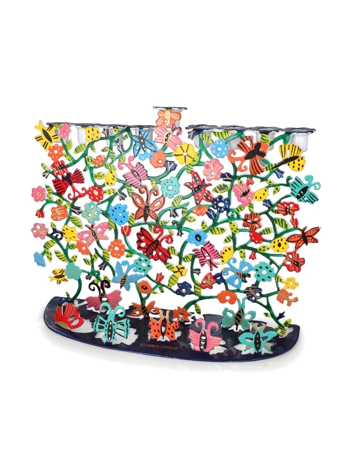 Yair Emanuel Butterflies and Flowers Hand-Painted Hanukkah Menorah
