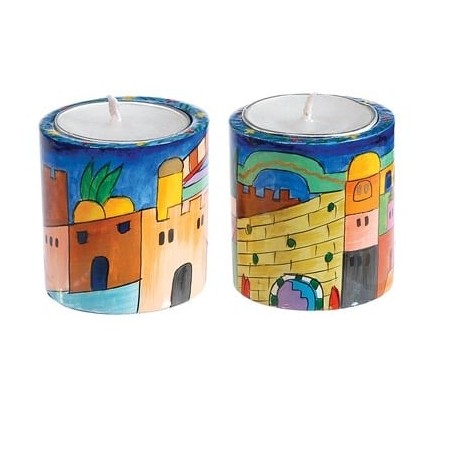 Yair Emanuel Hand Painted Wooden Candlesticks