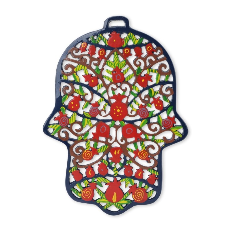 Pomegranates: Yair Emanuel Large Hand Painted Laser Cut Metal Hamsa