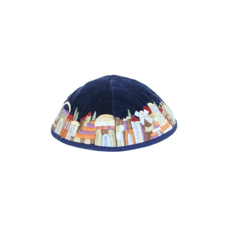 Yair Emanuel Velvet Embroidered Kippah - Jerusalem Gold