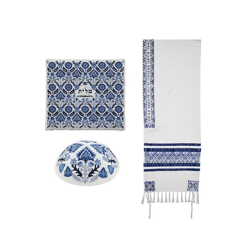 Yair Emanuel Fully Embroidered Cotton Blue Floral Tallit (Prayer Shawl
