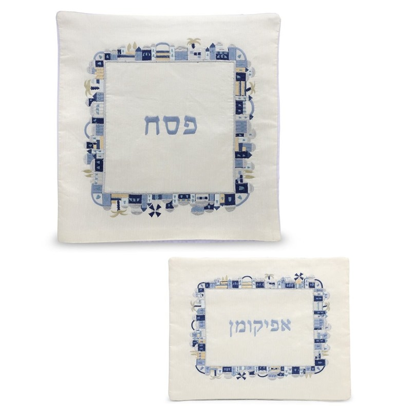 Yair Emanuel Embroidered Matzah Cover and Afikomen Bag - Jerusalem, Bl