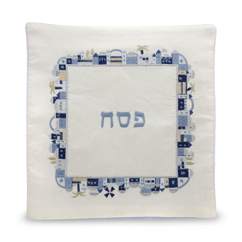 Yair Emanuel Embroidered Matzah Cover and Afikomen Bag - Jerusalem, Bl