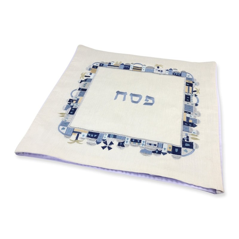 Yair Emanuel Embroidered Matzah Cover and Afikomen Bag - Jerusalem, Bl