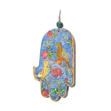 Yair Emanuel Wood Painted Hamsa - Pomegranates & Birds