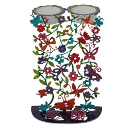 Yair Emanuel Hand Painted Shabbat Candlesticks - Butterflies and Flowe