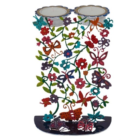 Yair Emanuel Hand Painted Shabbat Candlesticks - Butterflies and Flowe
