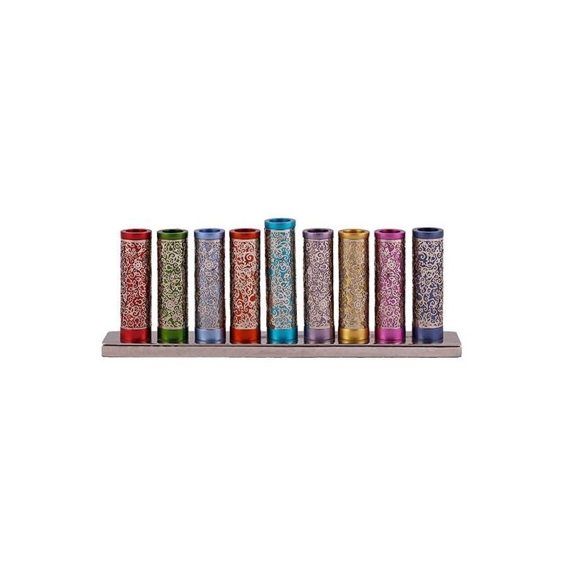 Yair Emanuel Cylinder Hanukkah Menorah with Pomegranate Metal Cut-Out