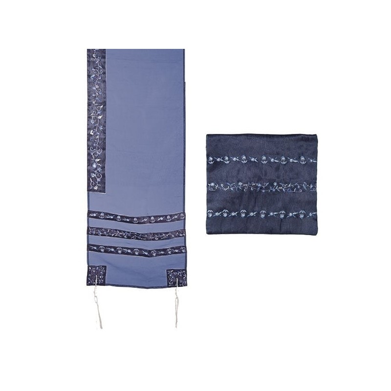 Yair Emanuel Organza Embroidered Stripes Tallit - Blue