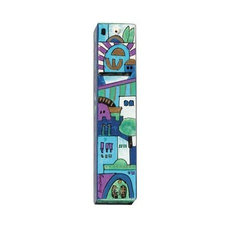 Yair Emanuel Large Wooden Mezuzah - Jerusalem Blue