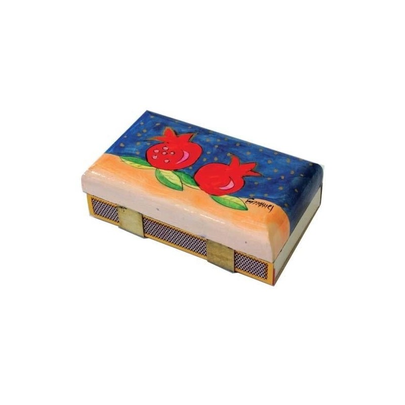 Yair Emanuel Kitchen Size Painted Wooden Match Box - Two Pomegranates