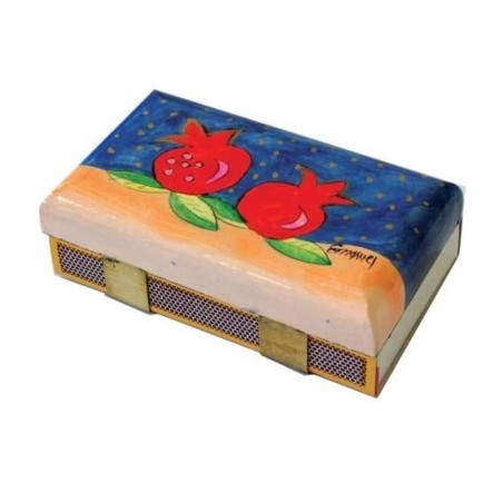 Yair Emanuel Kitchen Size Painted Wooden Match Box - Two Pomegranates