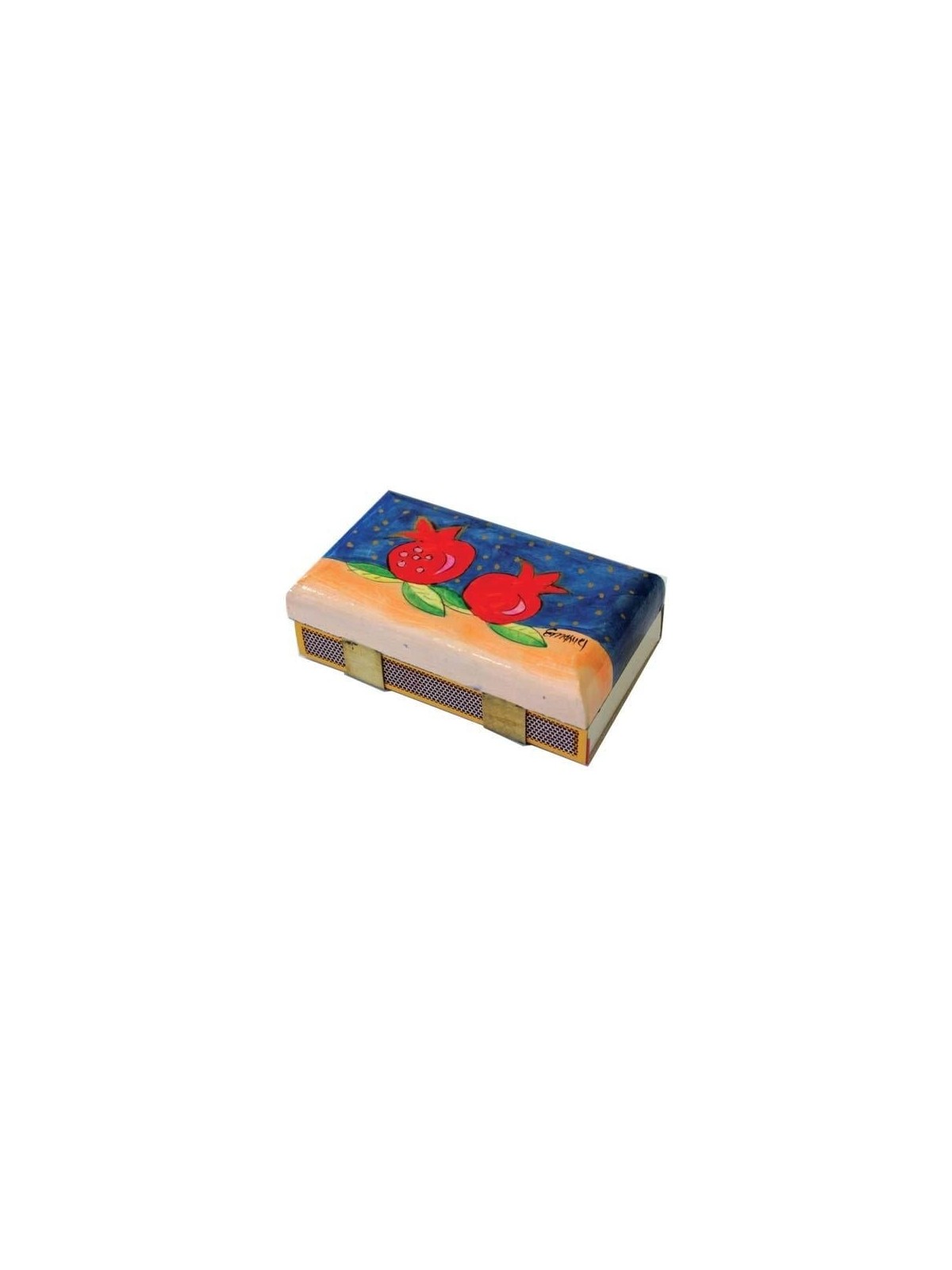 Yair Emanuel Kitchen Size Painted Wooden Match Box - Two Pomegranates