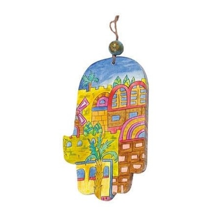 Yair Emanuel Wood Painted Hamsa - Jerusalem (Color)