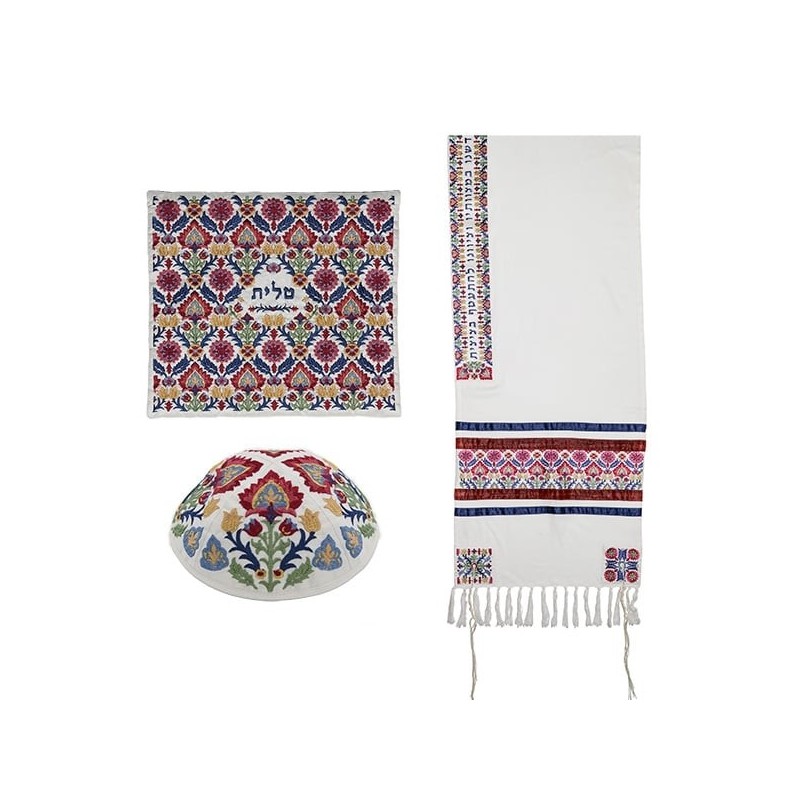 Yair Emanuel Fully Embroidered Cotton Red Floral Tallit (Prayer Shawl