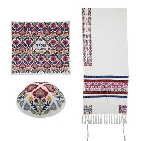 Yair Emanuel Fully Embroidered Cotton Red Floral Tallit (Prayer Shawl