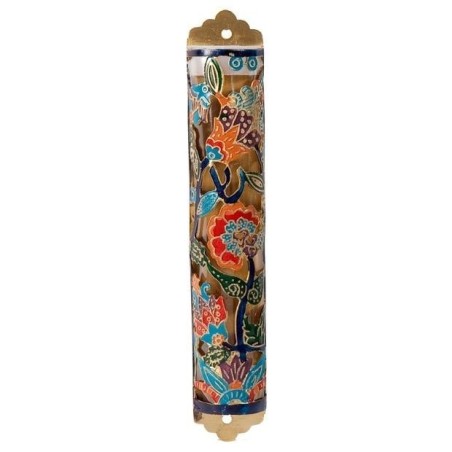 Yair Emanuel Laser Cut Hand Painted Metal Mezuzah - Flowers