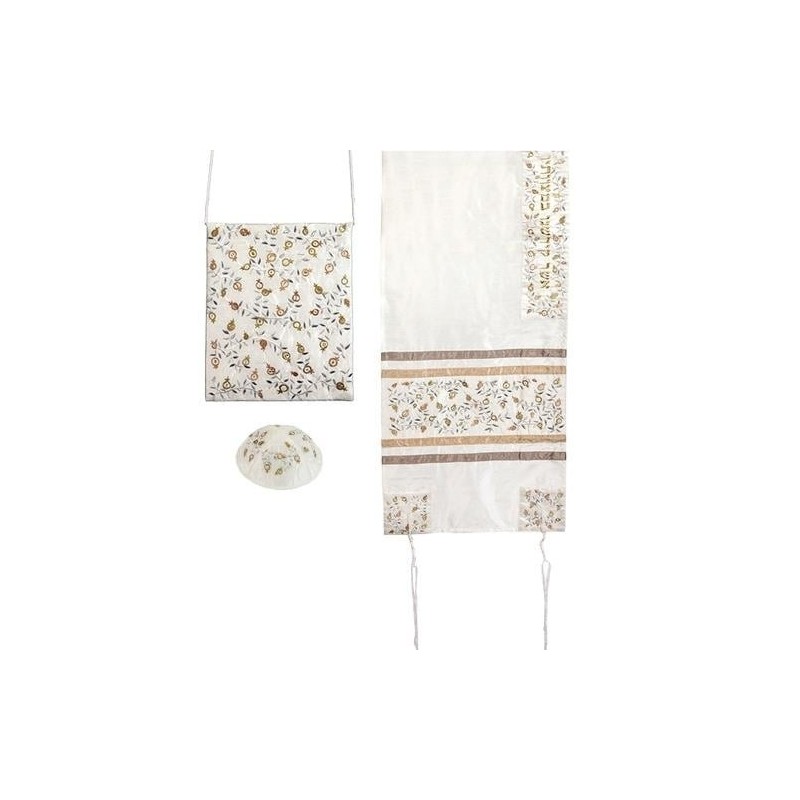 Yair Emanuel Embroidered Polysilk Tallit with Pomegranate Design (Whit