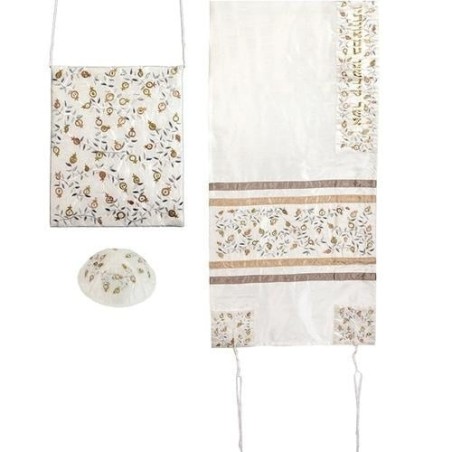 Yair Emanuel Embroidered Polysilk Tallit with Pomegranate Design (Whit