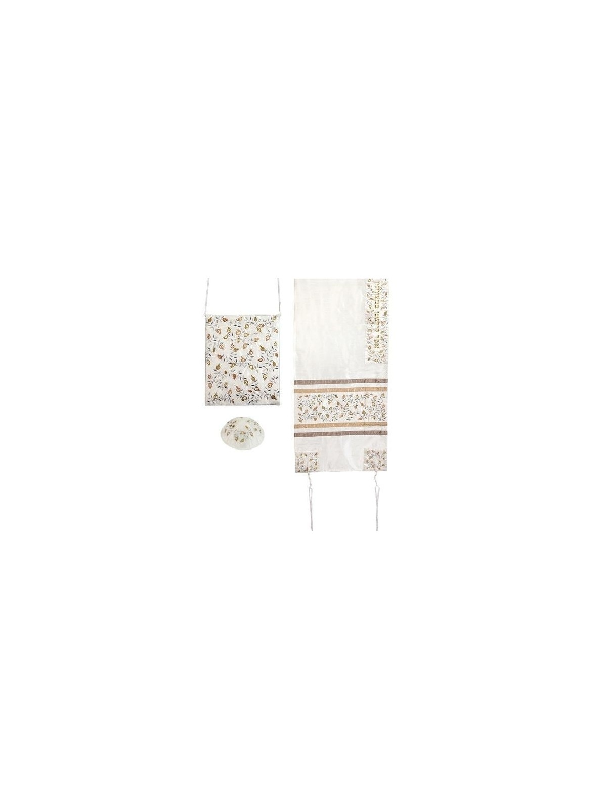 Yair Emanuel Embroidered Polysilk Tallit with Pomegranate Design (Whit