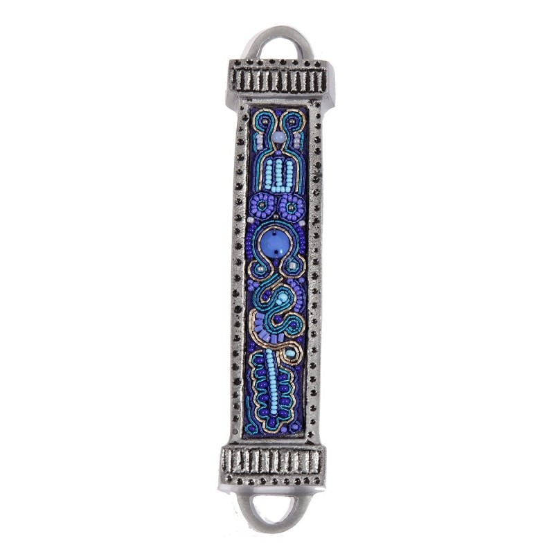 Yair Emanuel Aluminum Mezuzah with Embroidered Beads - Blue/Purple