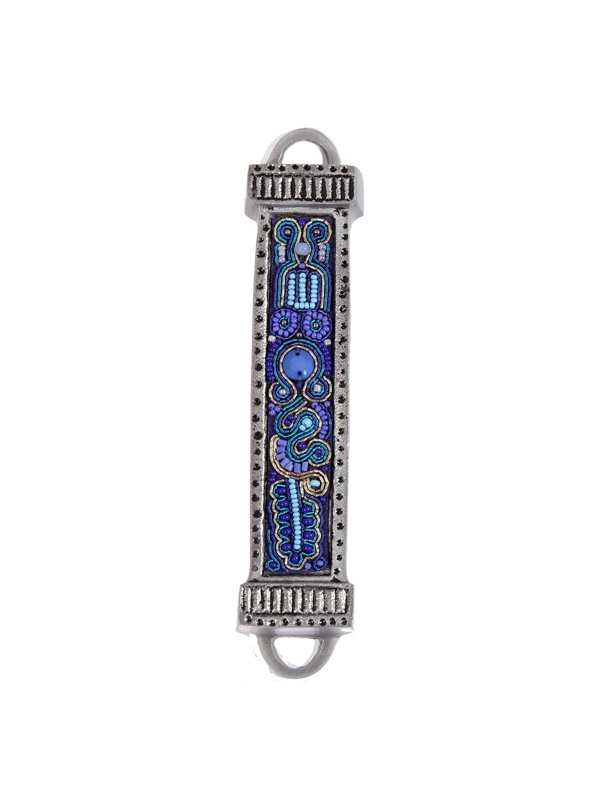Yair Emanuel Aluminum Mezuzah with Embroidered Beads - Blue/Purple