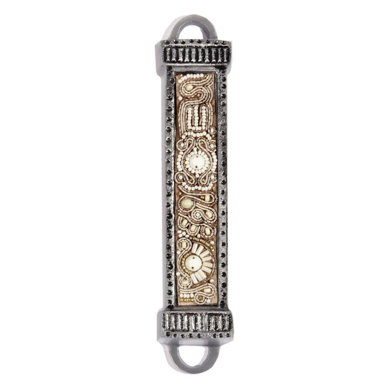 Yair Emanuel Aluminum Mezuzah with Embroidered Beads-Brown/Beige