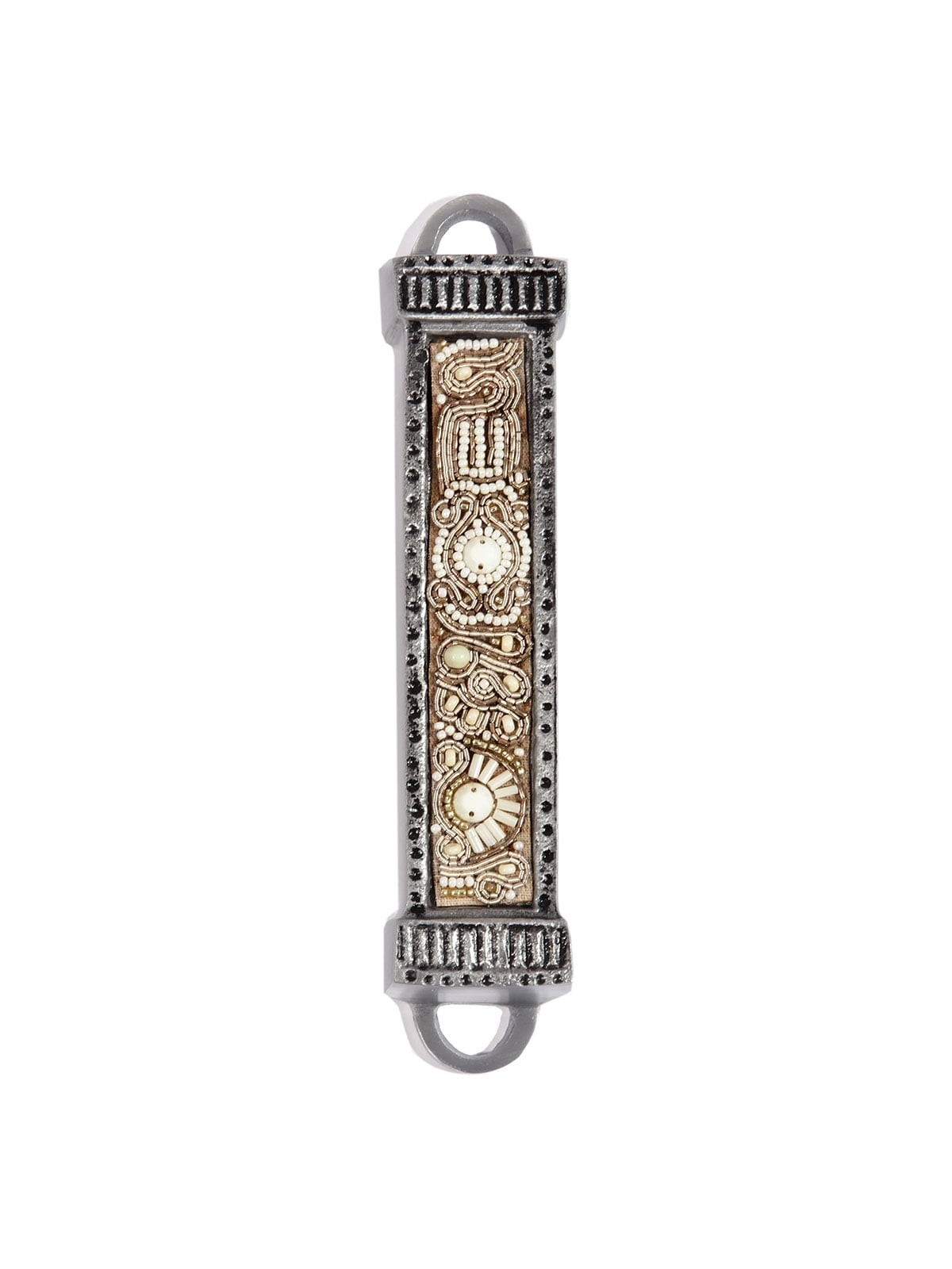 Yair Emanuel Aluminum Mezuzah with Embroidered Beads-Brown/Beige
