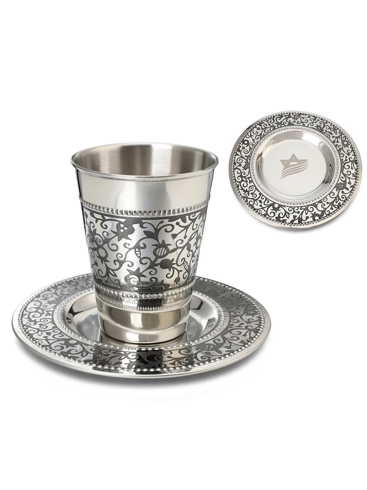Personalized Pomegranate Stainless Steel Kiddush Cup and Saucer