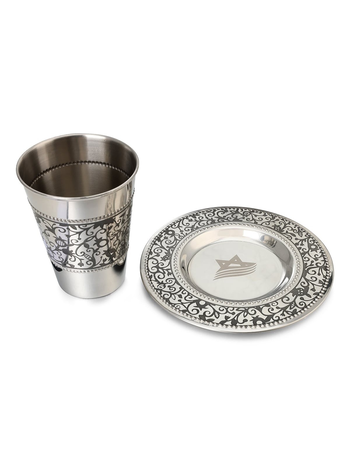 Personalized Pomegranate Stainless Steel Kiddush Cup and Saucer