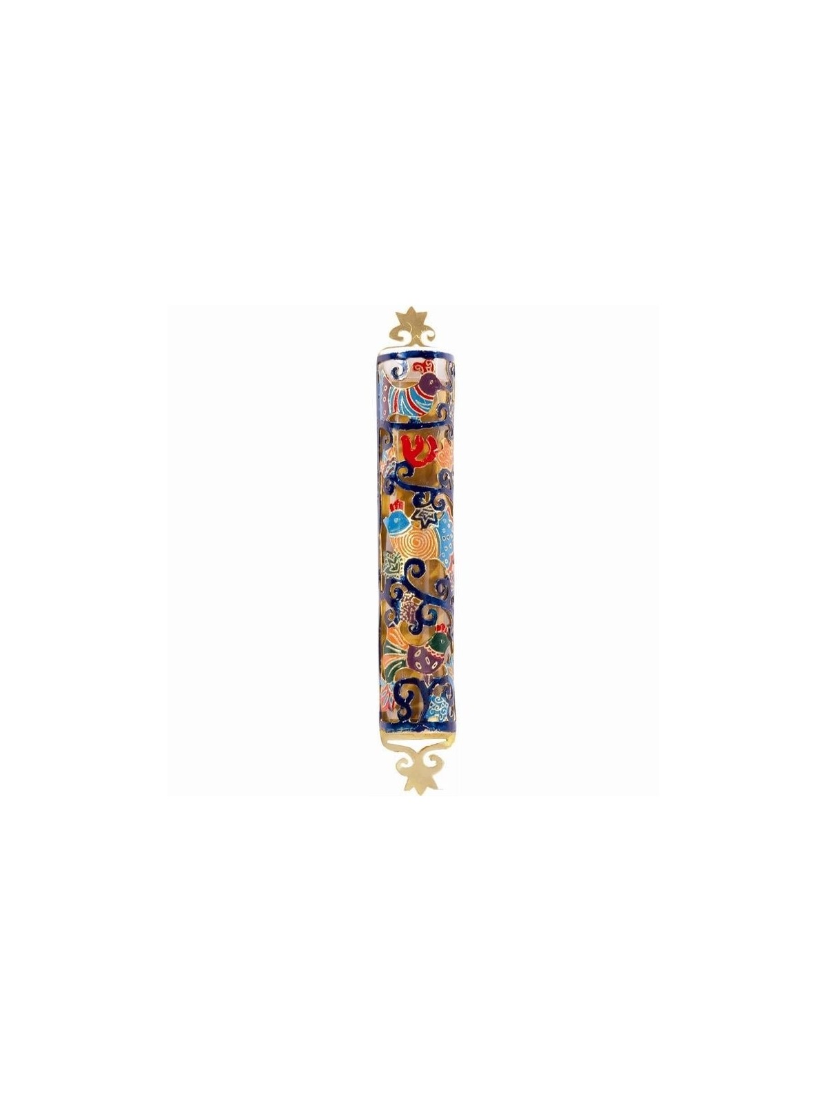 Yair Emanuel Laser Cut Hand Painted Metal Mezuzah - Birds